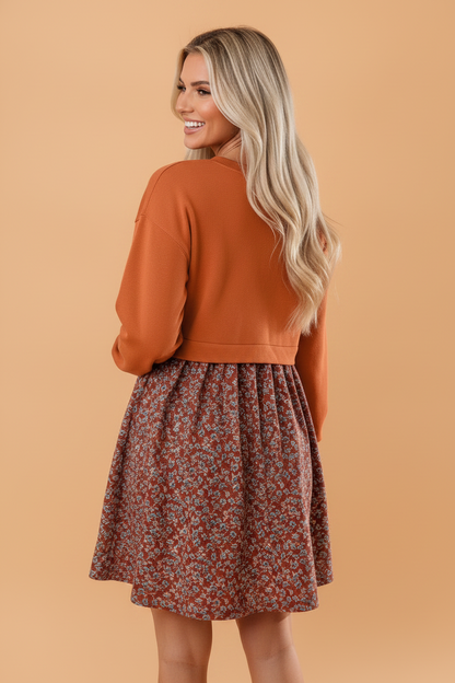 Solid Patchwork Floral Flared 2-in-1 Mini Dress