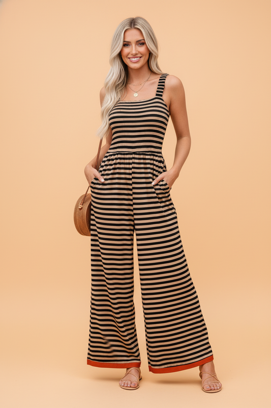 Stripe Square Neck Shirred Wide Leg Jumpsuit