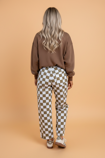 Checker Denim Barrel Leg Pants