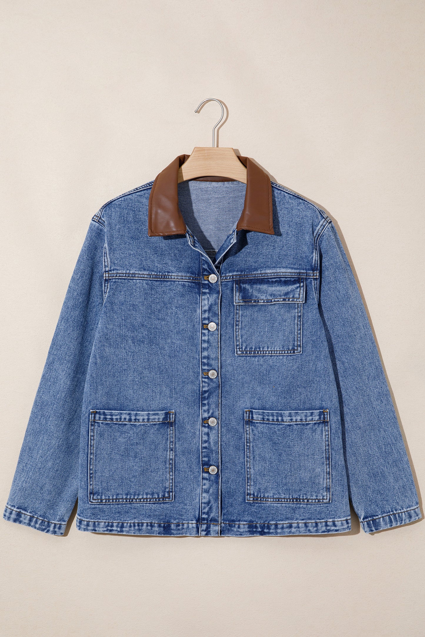 Denim Leather Collar Pocketed Button Front Jacket