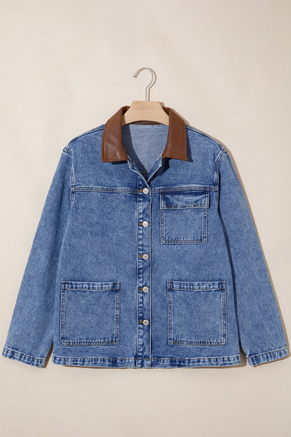 Denim Leather Collar Pocketed Button Front Jacket