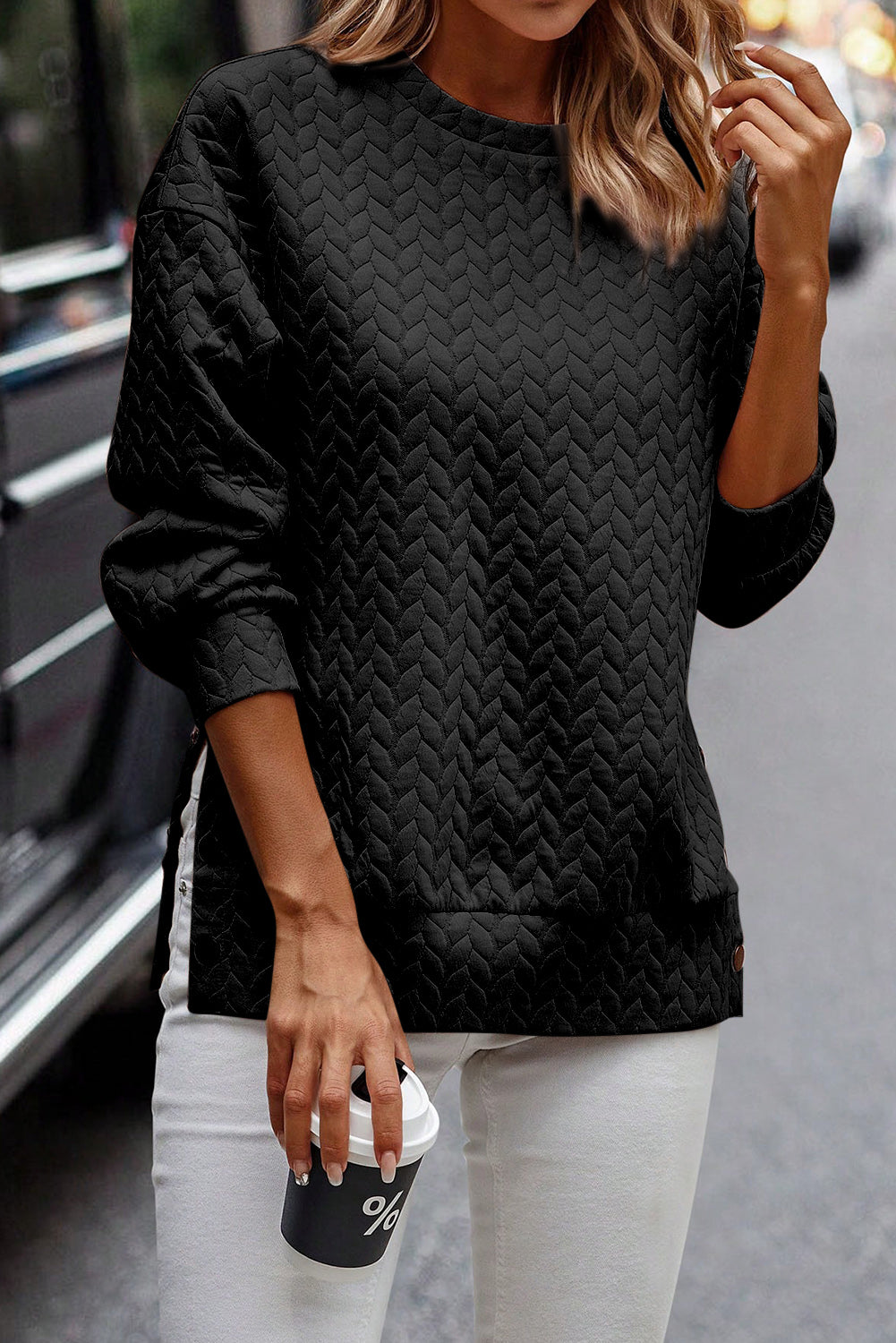 Quilted Cable Side Button Sweatshirt