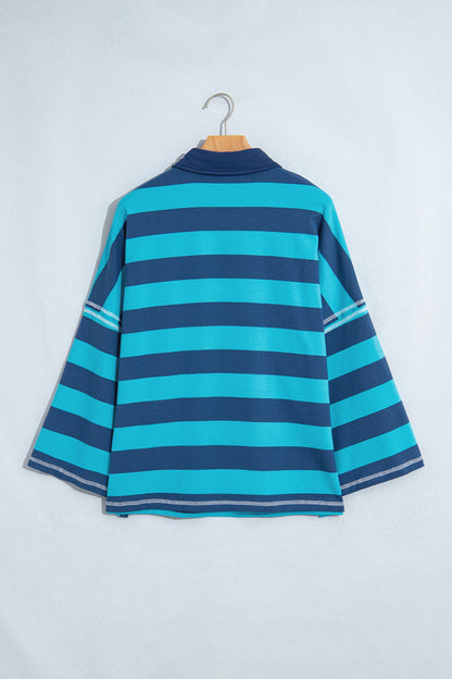 Stripe Contrast Polo Collar Long Sleeve Top
