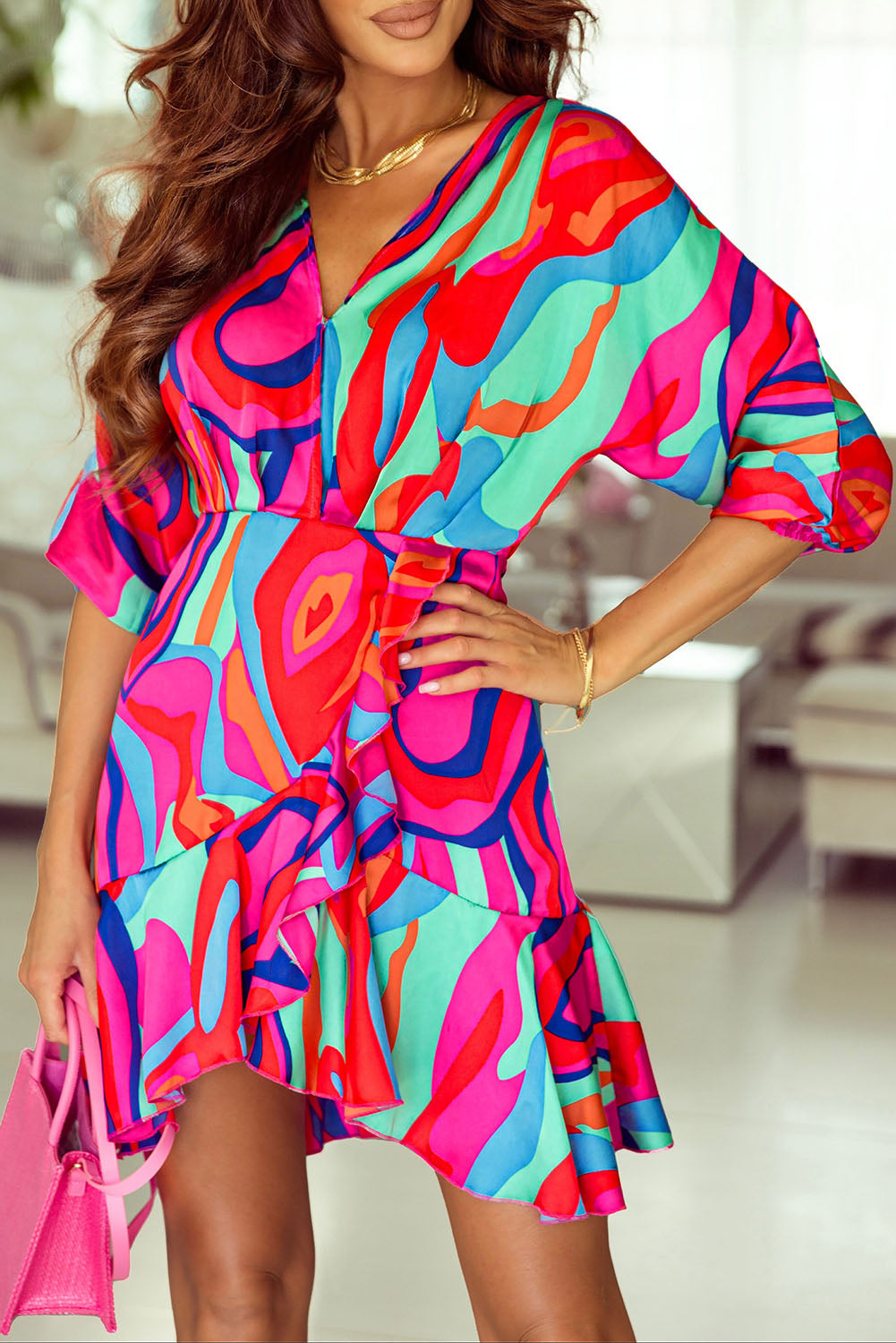 Abstract Ruffle Wrap V-Neck Dress