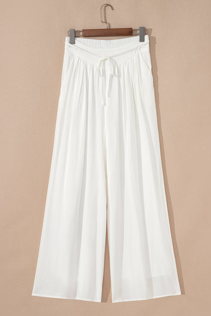 Solid Drop Waist Pleated Wide Leg Pants