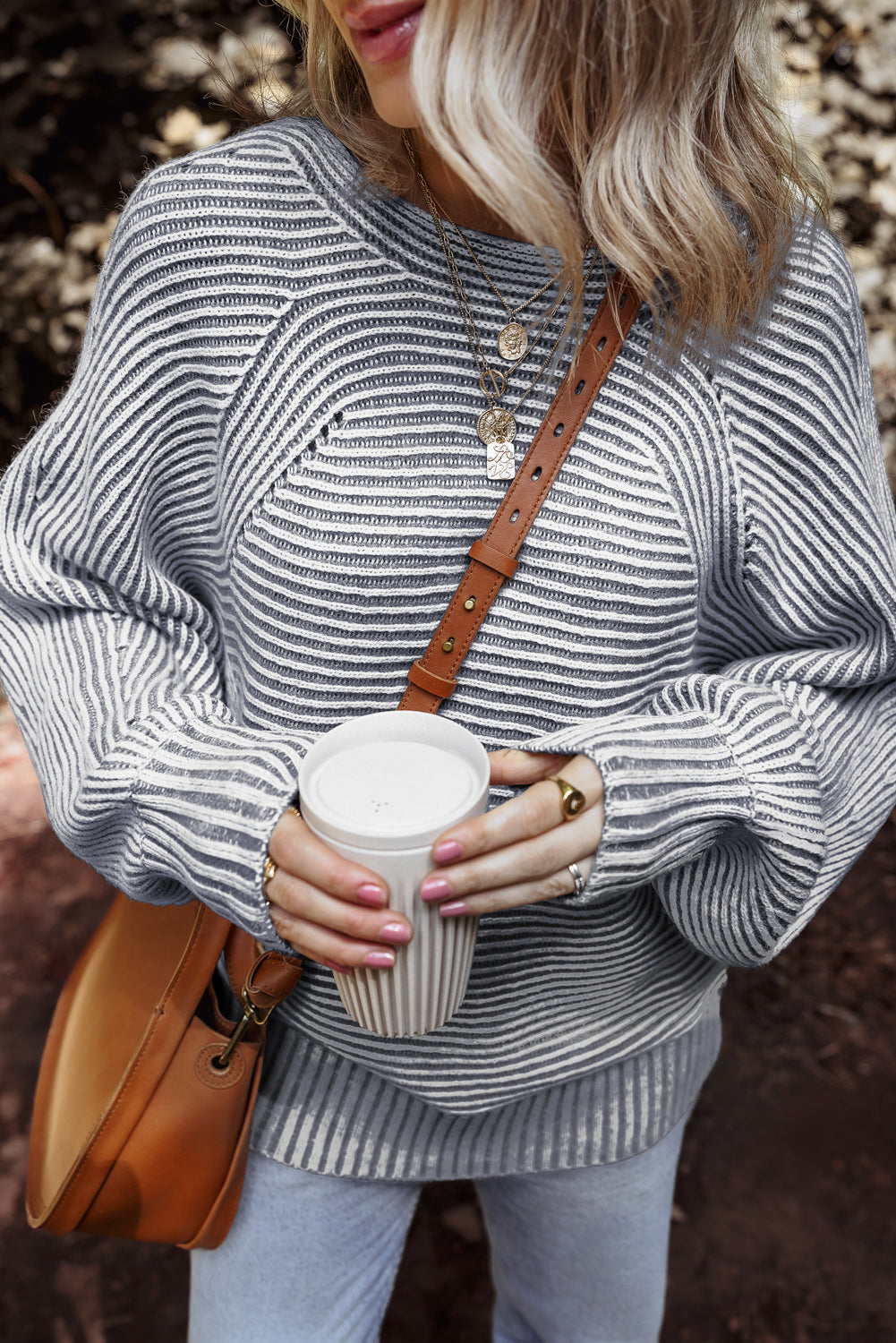 Stripe Ribbed Knit Boat Neck Sweater