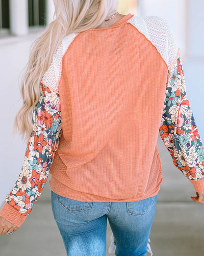 Floral Lace Patchwork Ribbed Blouse