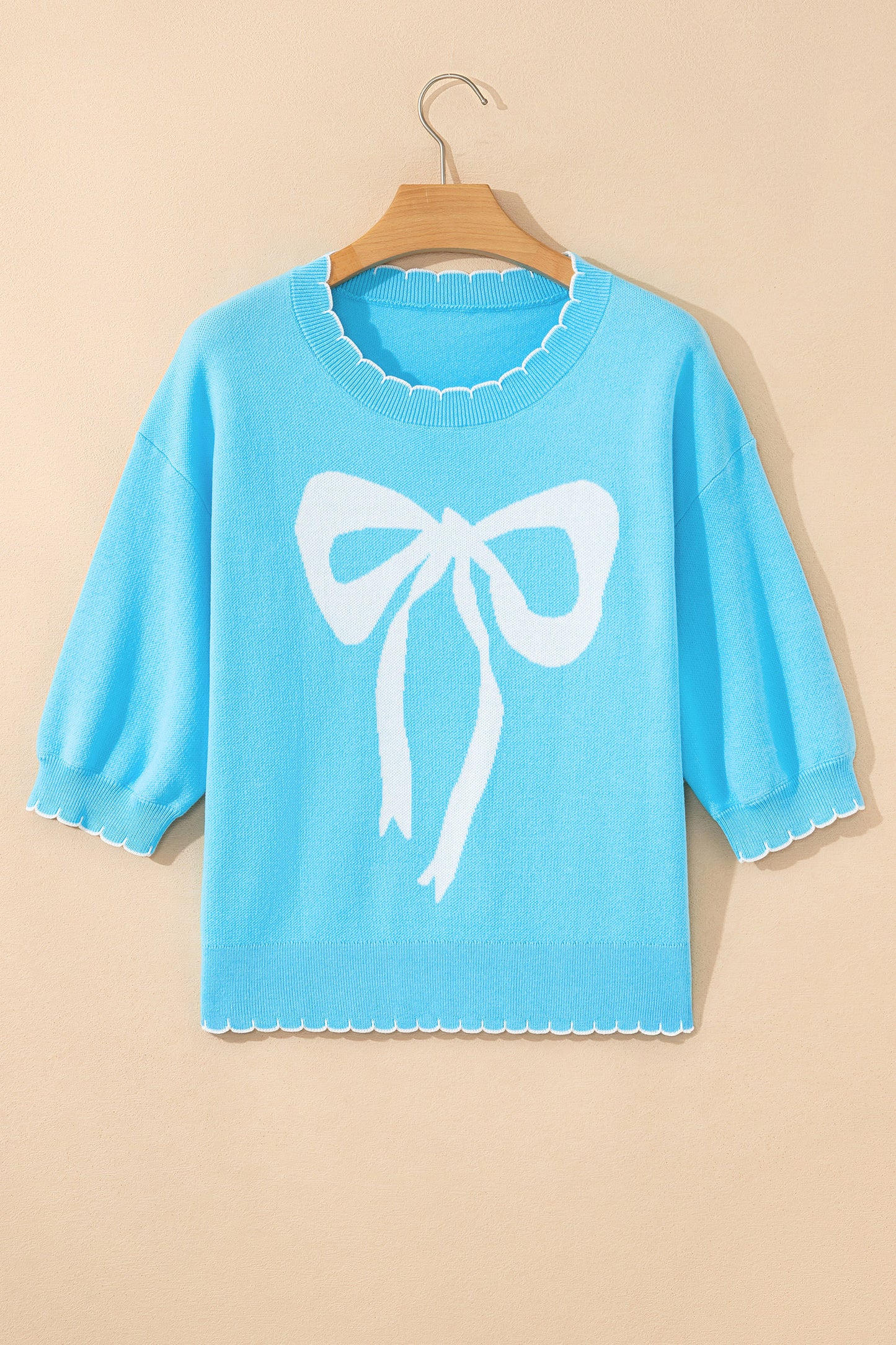 Bow Tie Contrast Stitch 3/4 Sleeve Sweater