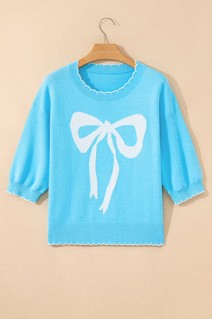 Bow Tie Contrast Stitch 3/4 Sleeve Sweater