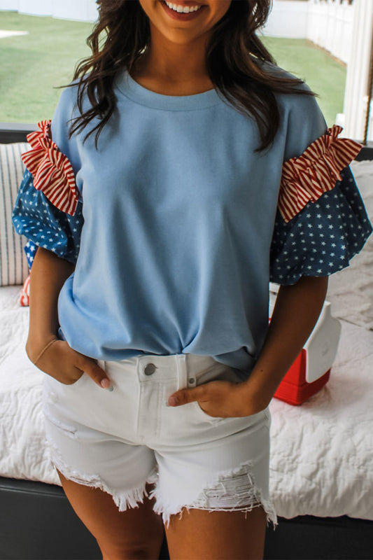 Stars & Stripe Patchwork Short Puff Sleeve Top