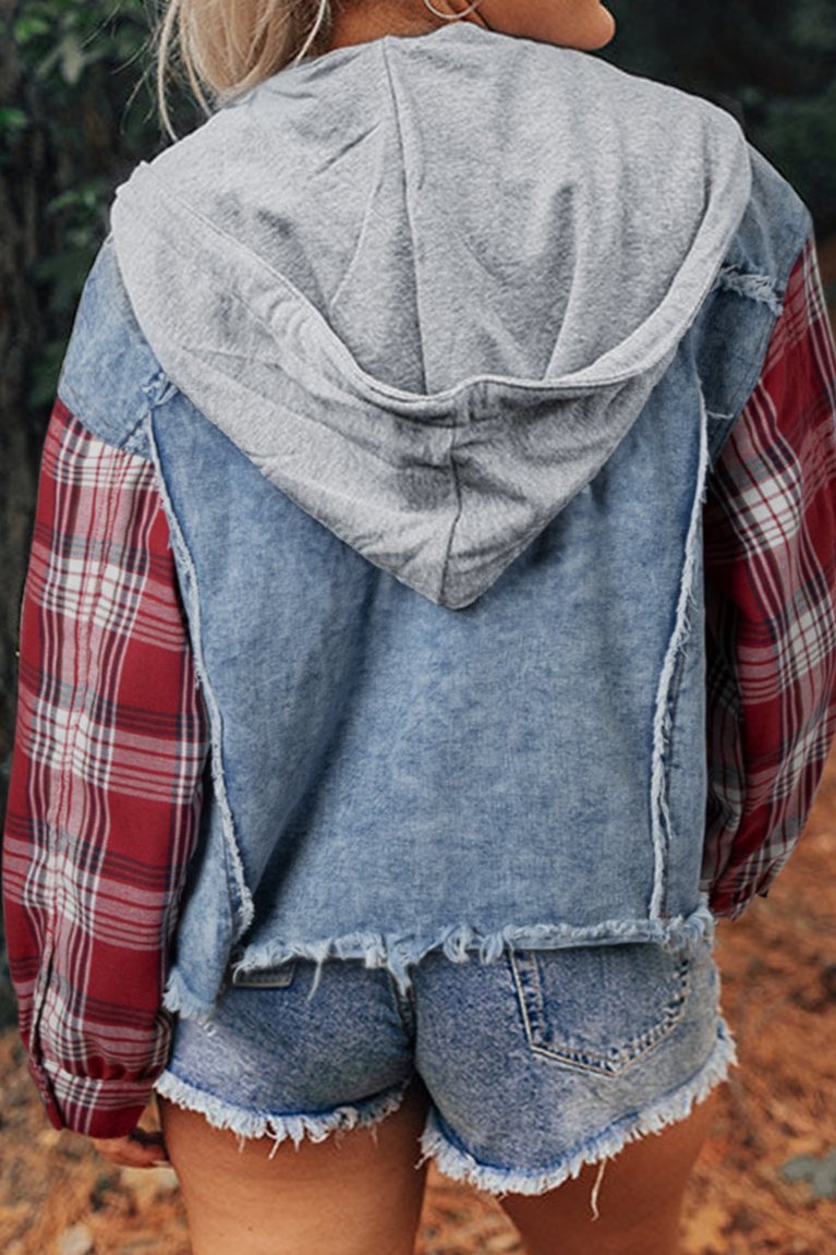 Plaid Denim Patchwork Hooded Jacket