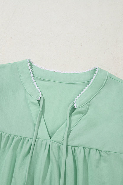 Floral Embroidered Puff Sleeve Split Neck Blouse