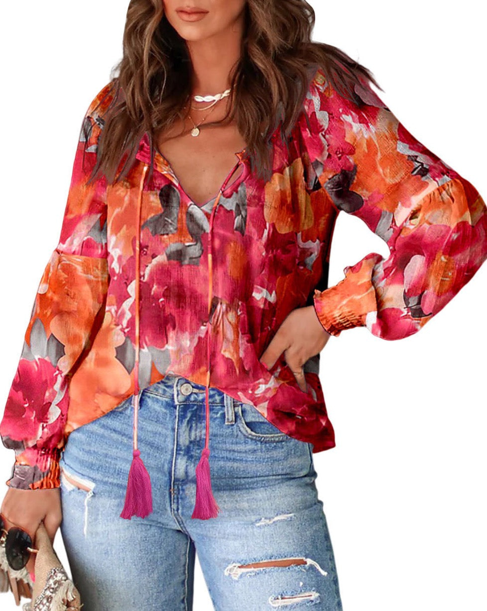 Floral Tassel Tie Smocked Blouse