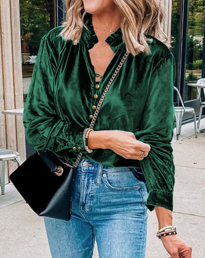 Velvet Frilled Neck Buttoned Top