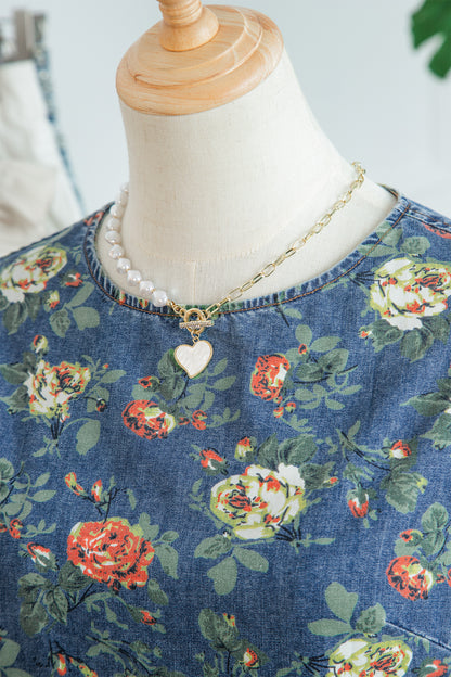 Floral Denim Ruffle Short Sleeve Top