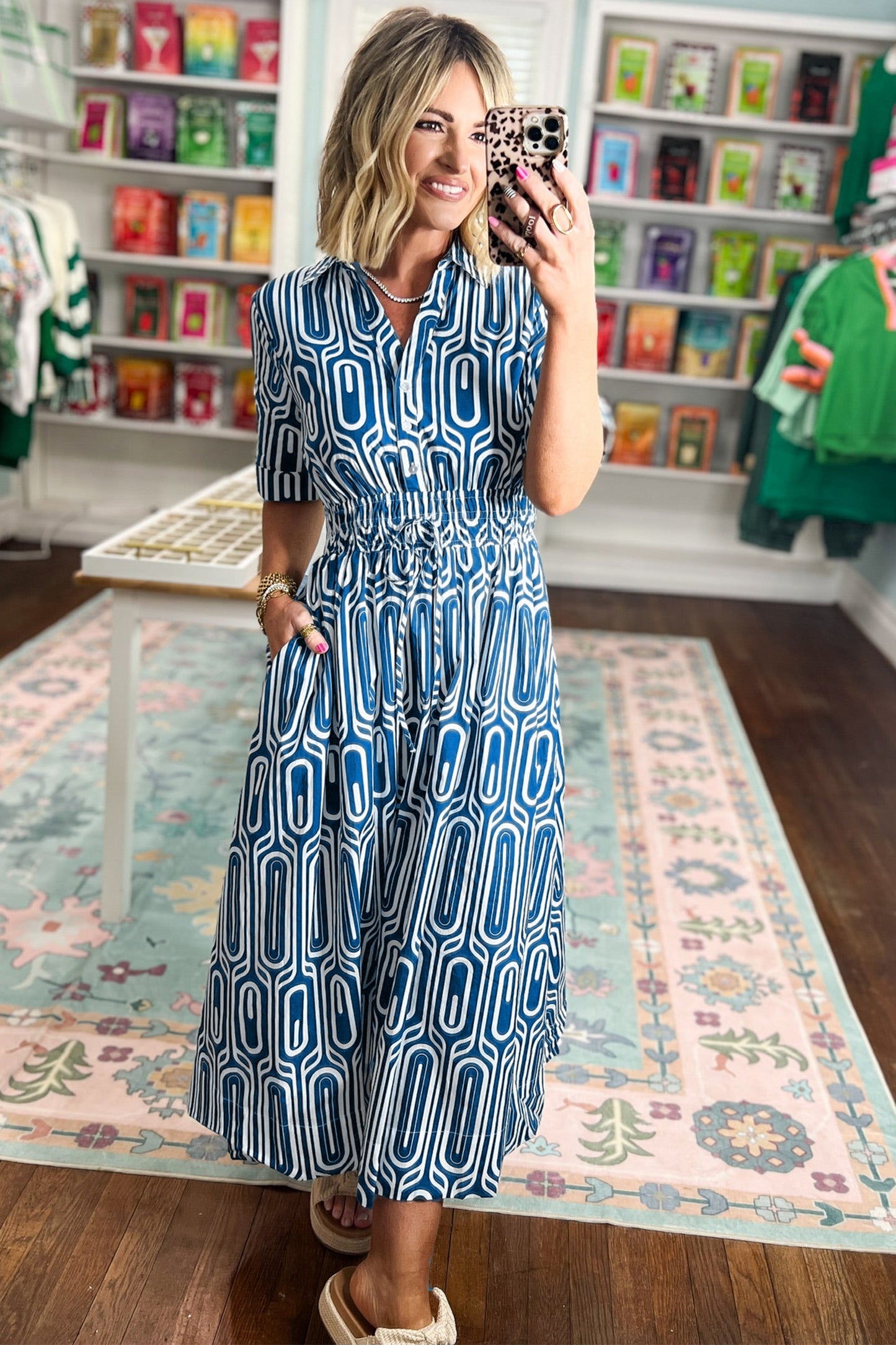 Geometric Drawstring Waist Short Sleeve Midi Dress