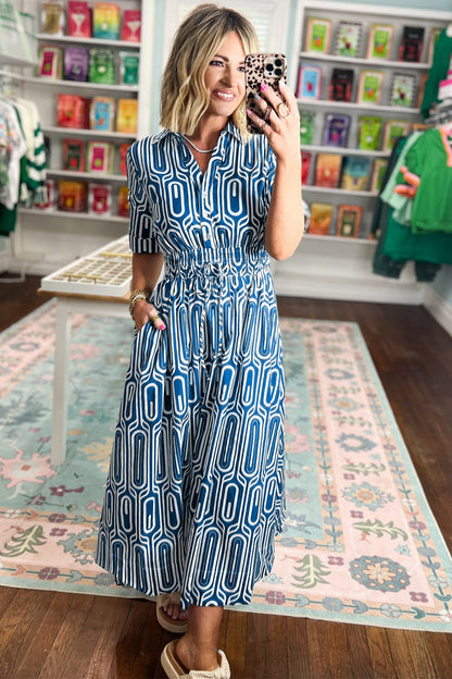 Geometric Drawstring Waist Short Sleeve Midi Dress