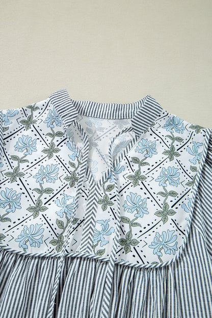 Stripe Floral Patchwork Tied V-Neck Mini Dress