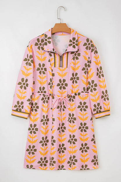 Floral Stripe Patchwork Long Sleeve Mini Dress