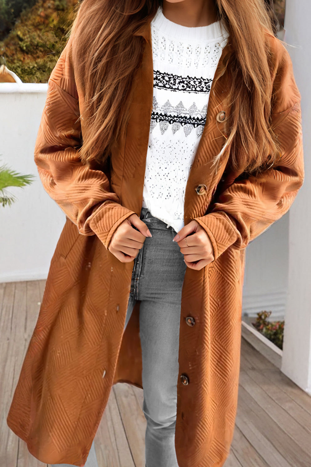 Texture Collar Buttoned Front Duster Coat