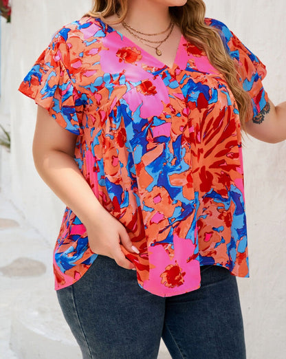 Abstract Floral V-Neck Blouse Plus Size