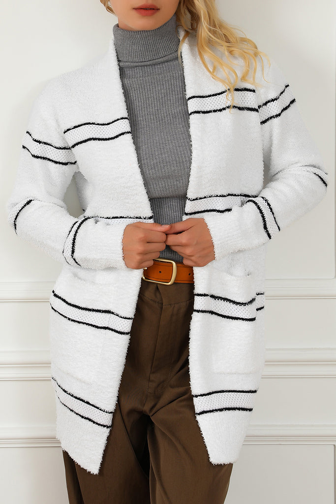 Stripe Fuzzy Open Front Cardigan