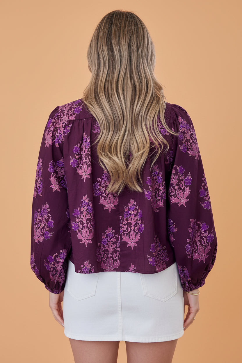 Floral Button Front Long Puff Sleeve Blouse