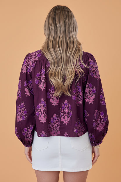 Floral Button Front Long Puff Sleeve Blouse