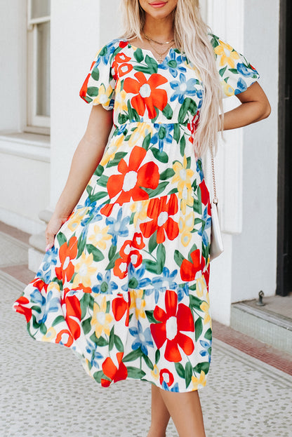 Floral Bubble Sleeve Midi Dress