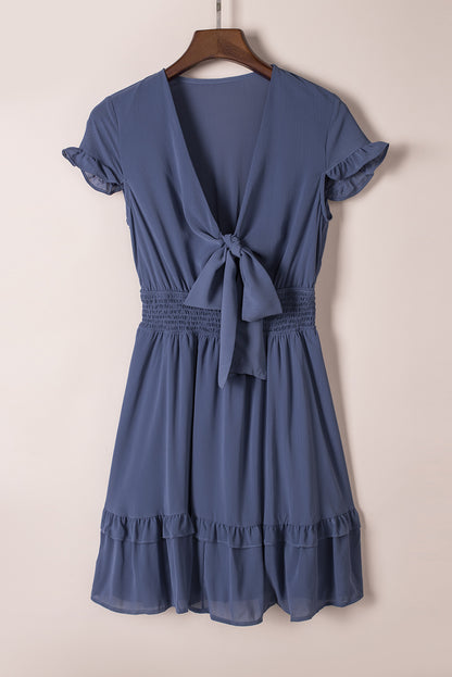 Deep V-Neck Knotted Front Layered Flare Mini Dress