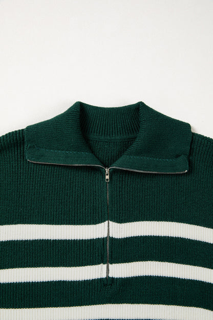 Stripe Ribbed Half-Zip Collar Sleeveless Sweater