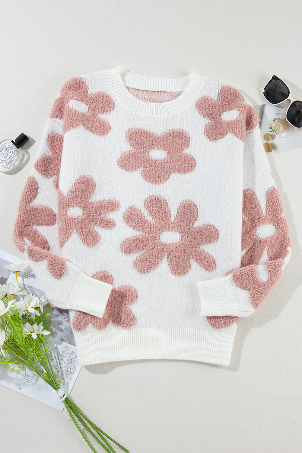 Floral Textured Drop Shoulder Sweater