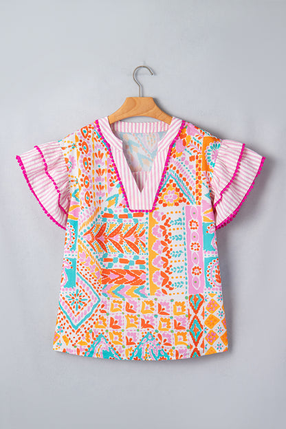 Boho Contrast Trim Patchwork Tiered Short Sleeve Blouse