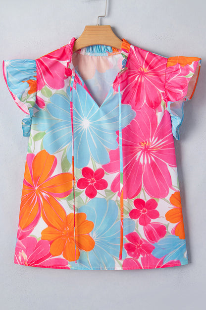 Floral Ruffle Tied V-Neck Flutter Sleeve Blouse