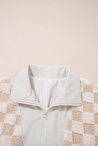 Checker Sherpa Corduroy Patchwork Zip-Up Jacket