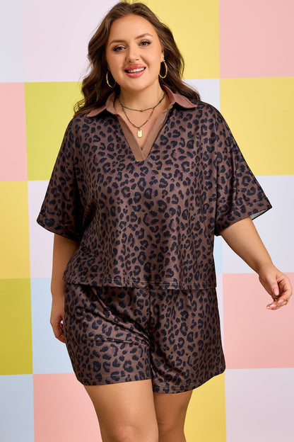 Plus Size Leopard Collared Top & Drawstring Shorts Set