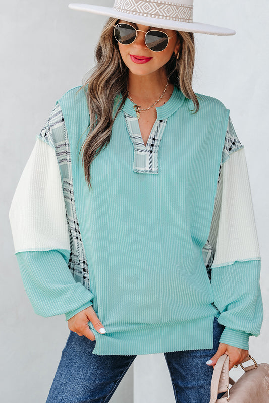 Plaid Colorblock Corded Patchwork Long Sleeve Top