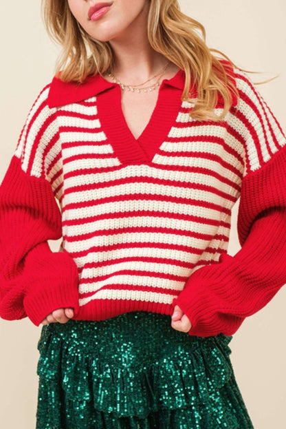 Stripe Colorblock Collared V-Neck Sweater