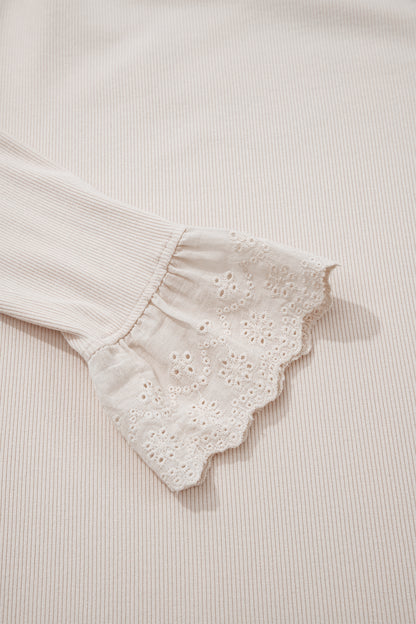 Lace Cuff Patchwork Round Neck Long Sleeve Top