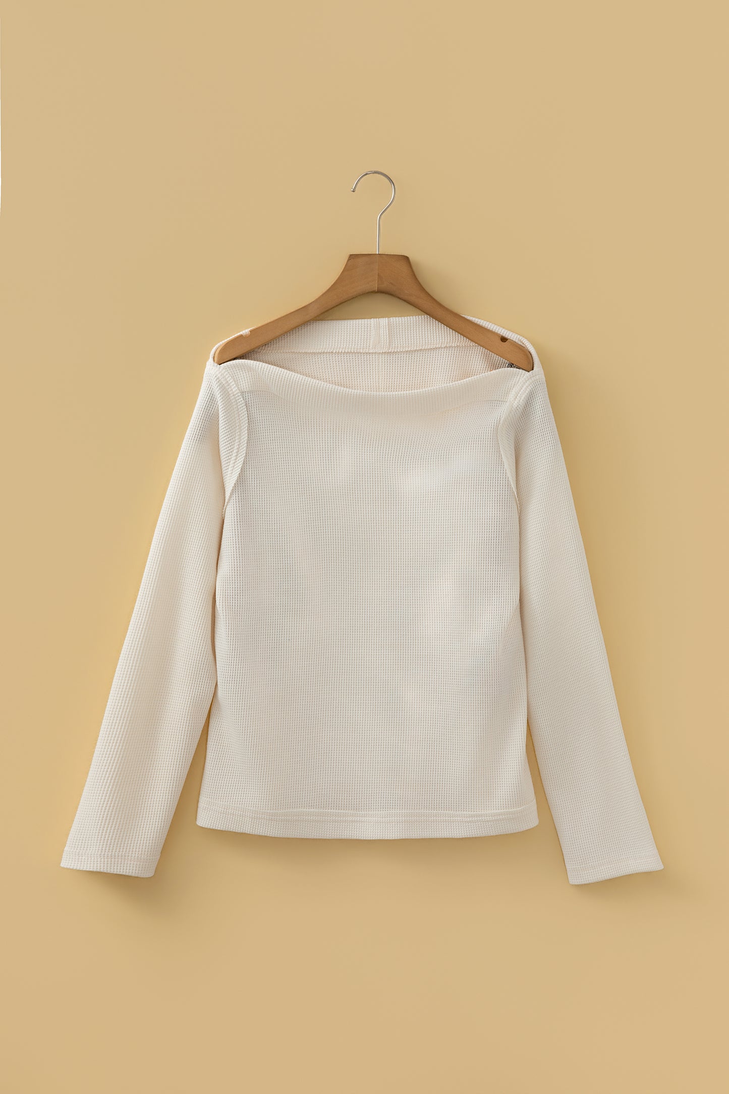 Solid Waffle Knit Asymmetric Neck Long Sleeve Top
