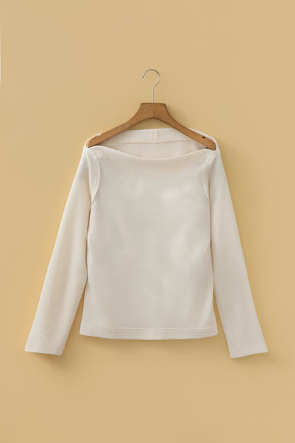 Solid Waffle Knit Asymmetric Neck Long Sleeve Top