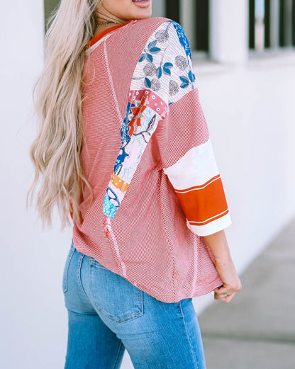 Floral Stripe Colorblock 3/4 Sleeve Oversized