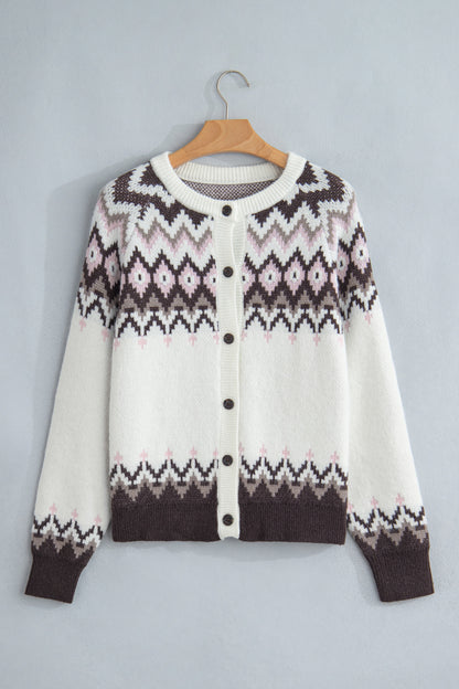 Geometric Fair Isle Brushed Knit Buttoned Cardigan