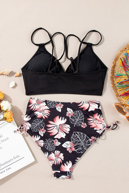 Tropical Colorblock Ribbed High Waist Bikini Swimsuit