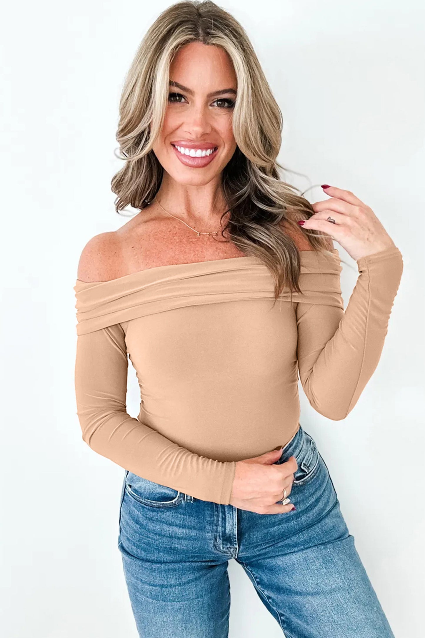 Solid Fold-Over Off-Shoulder Long Sleeve Top