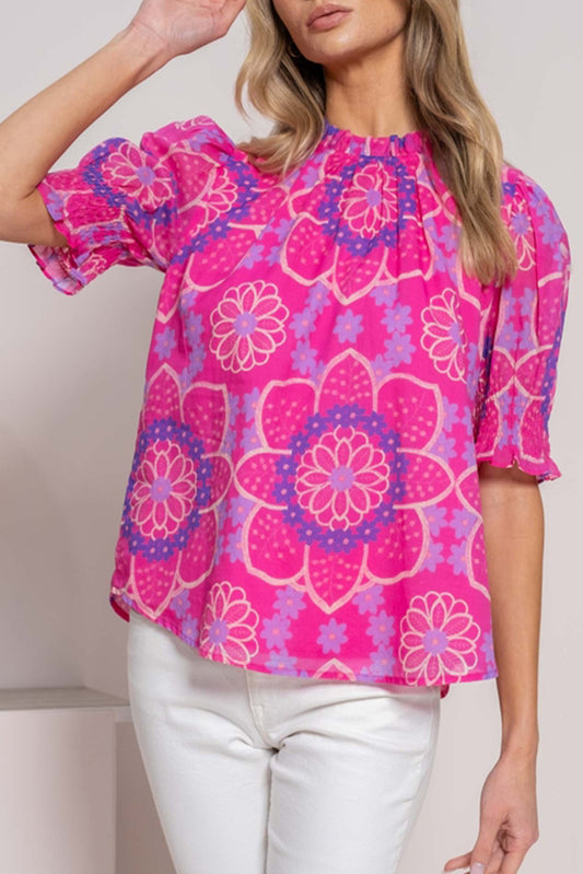 Floral Frilled Neck Puff Sleeve Blouse