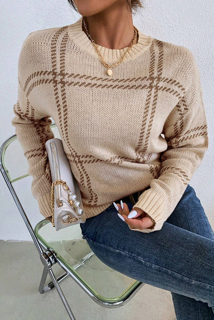 Plaid Drop ShoulderCrewneck Sweater