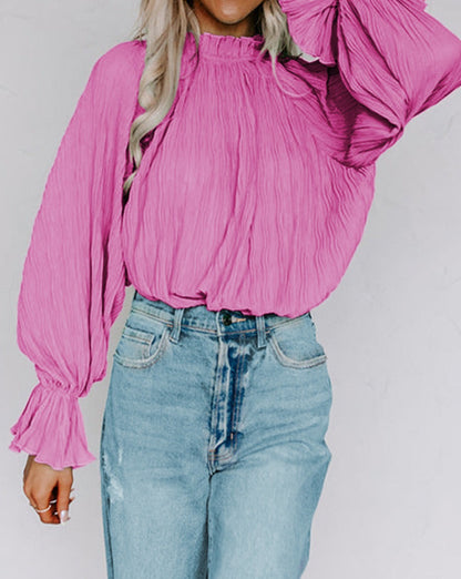 Pleated Flared Long Sleeve Blouse