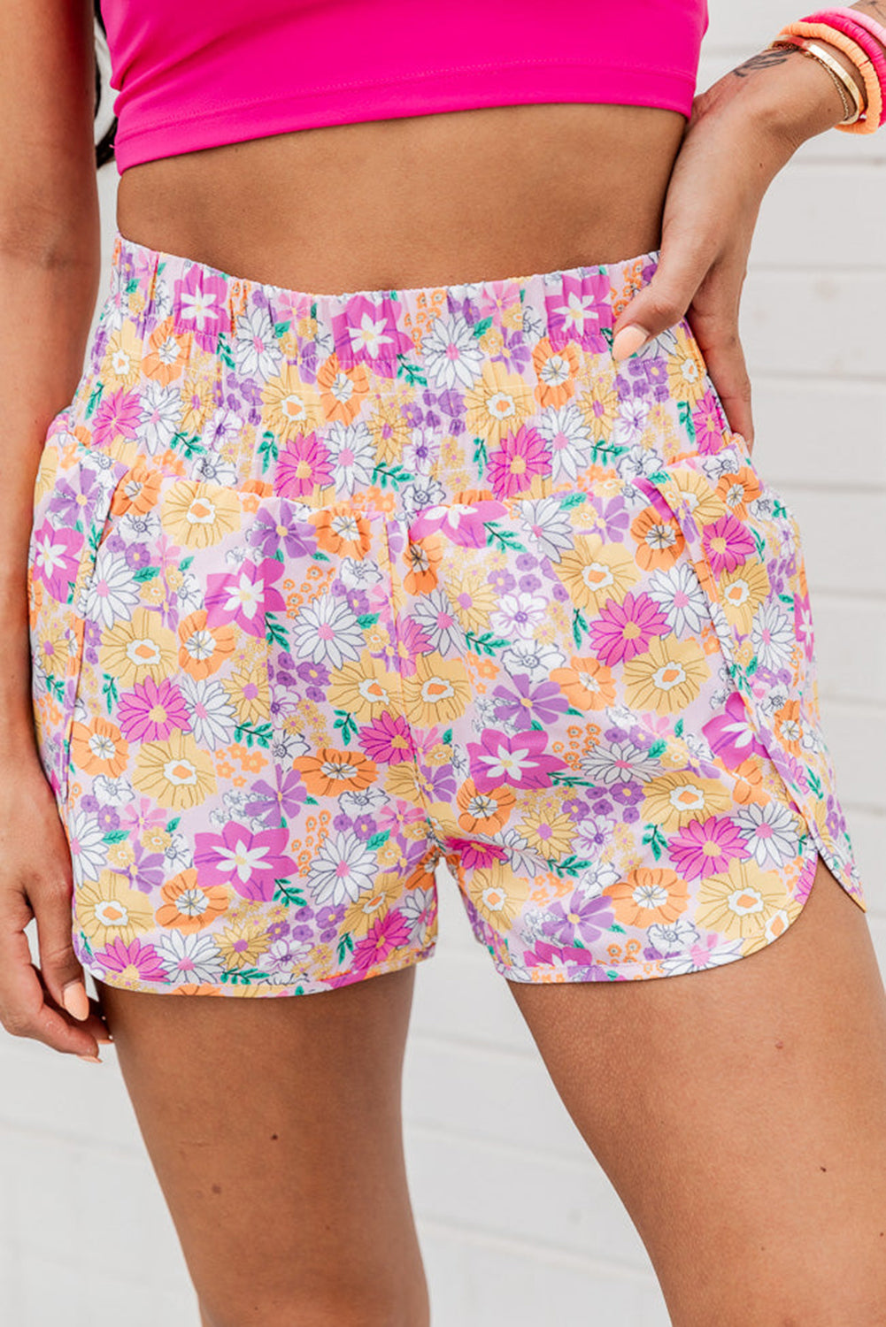 Floral Shirred High Waist Shorts