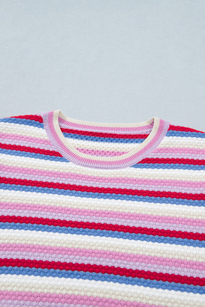 Stripe Textured Knit Short Sleeve Sweater